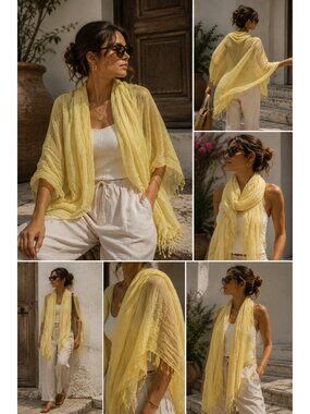 Eileen Fisher Cotton Silk Crinkle Scarf Wrap Yellow Fringe Lightweight O/S